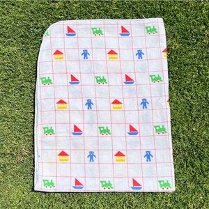 VTG Primary Color Grid Pattern Flannel Receiving Blanket Sailboat Bears Trains